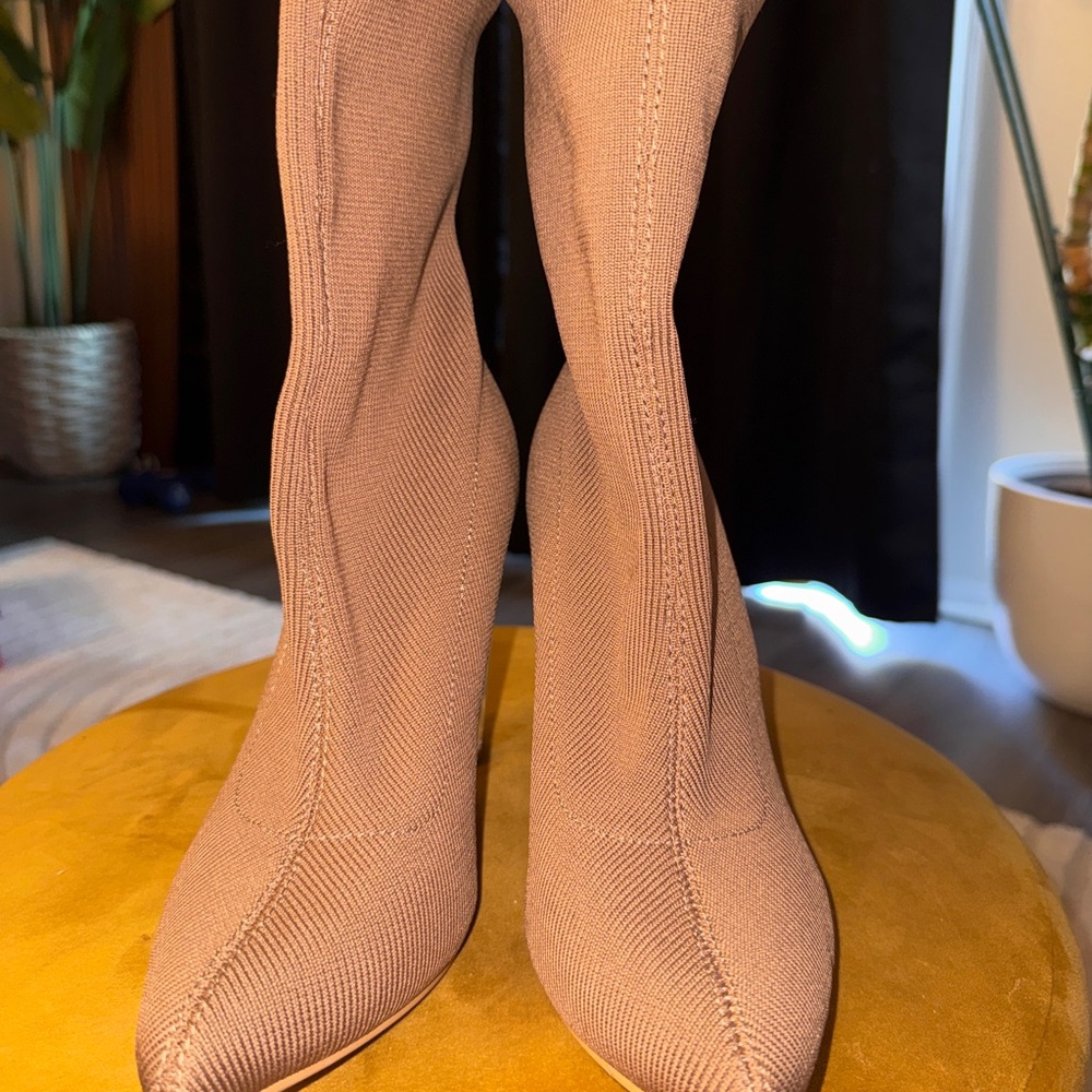 Knit Pointed Toe Ankle Boot in Brown